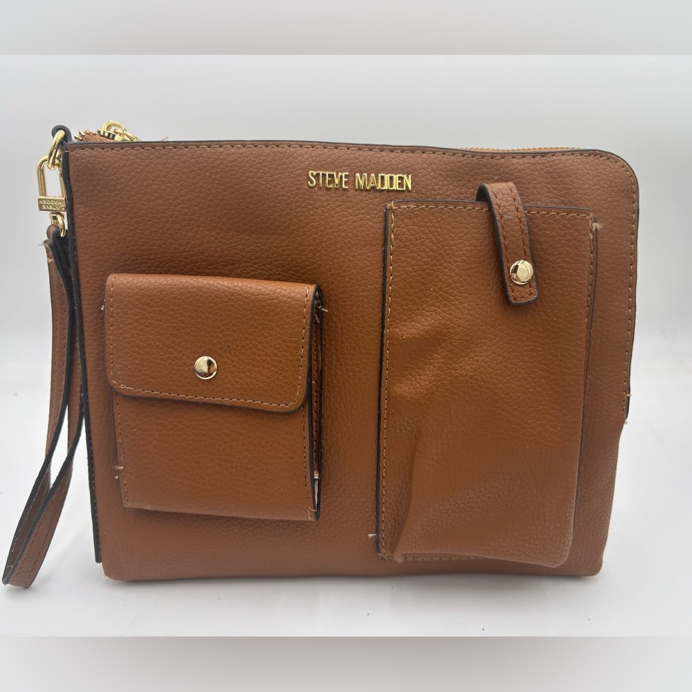 STEVE MADDEN Camel Brown Faux Leather Wristlet with Gold Tone Hardware